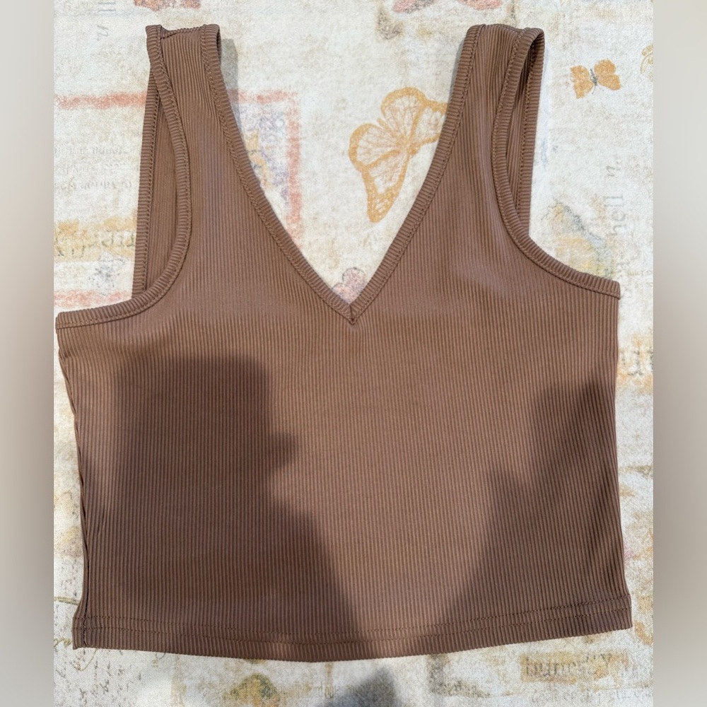 SHEIN Small Ribbed V-Neck Crop Tank Tan